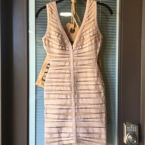 Herve Leger golden cocktail bandage dress